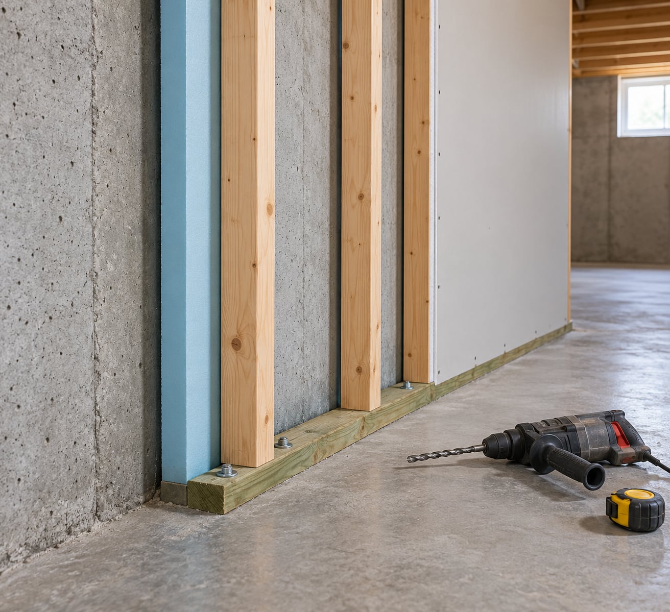 how to frame a basement wall against concrete