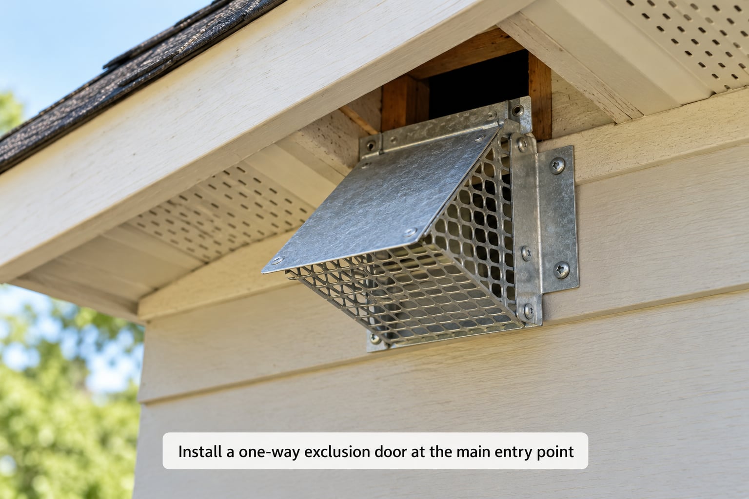 Install a one-way exclusion door at the main entry point