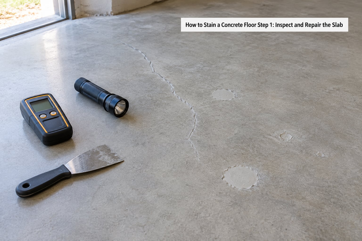 How to Stain a Concrete Floor Step 1: Inspect and Repair the Slab