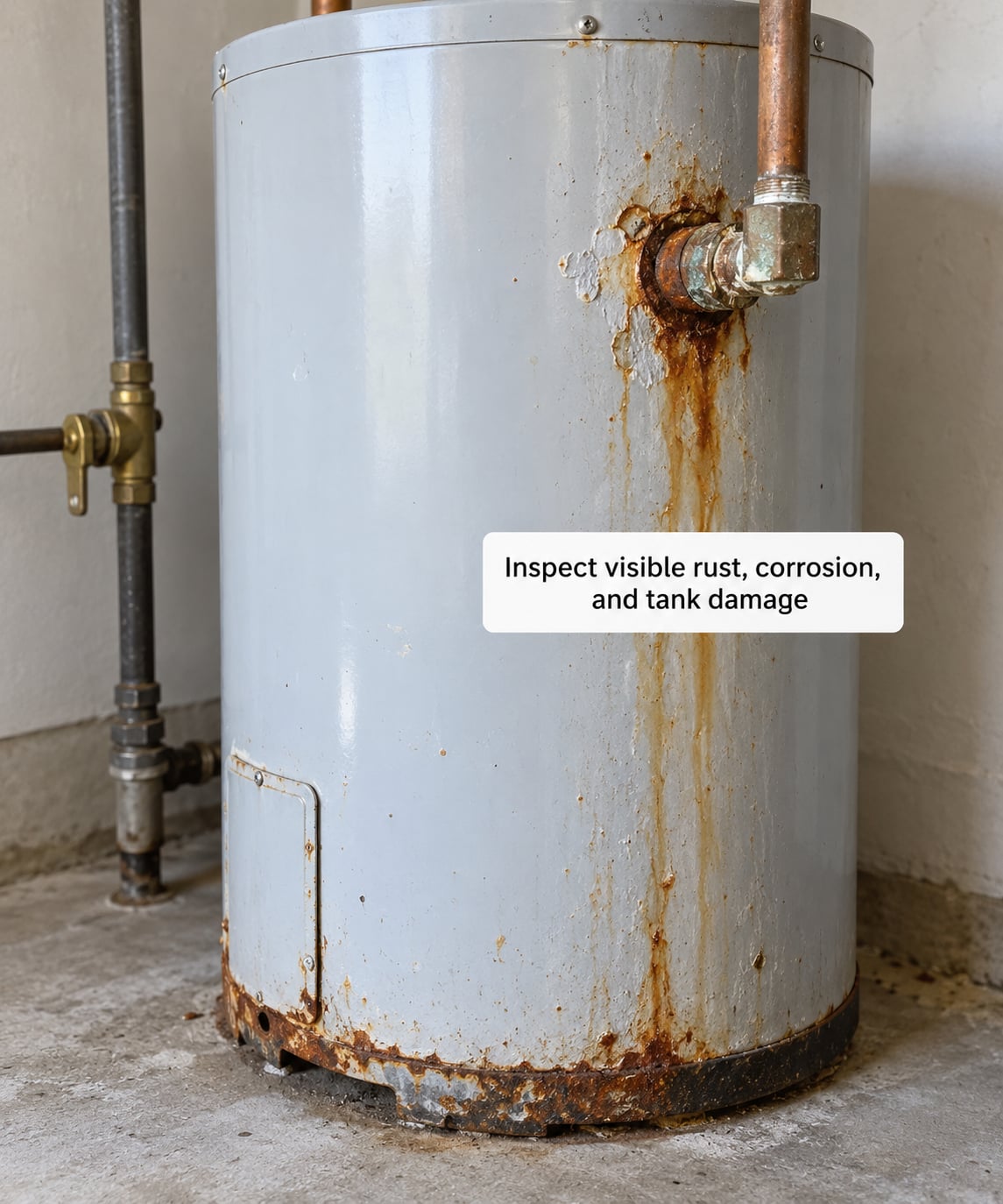 Inspect visible rust, corrosion, and tank damage