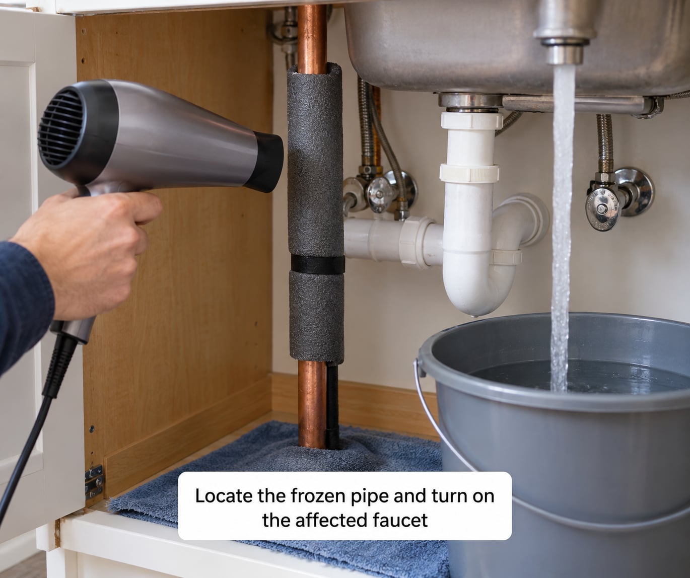 Locate the frozen pipe and turn on the affected faucet